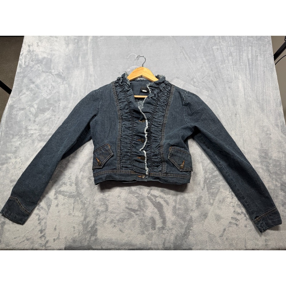 Vintage FUBU The Collection Cropped Jacket Womens Medium Indigo Denim Ruffle Y2K